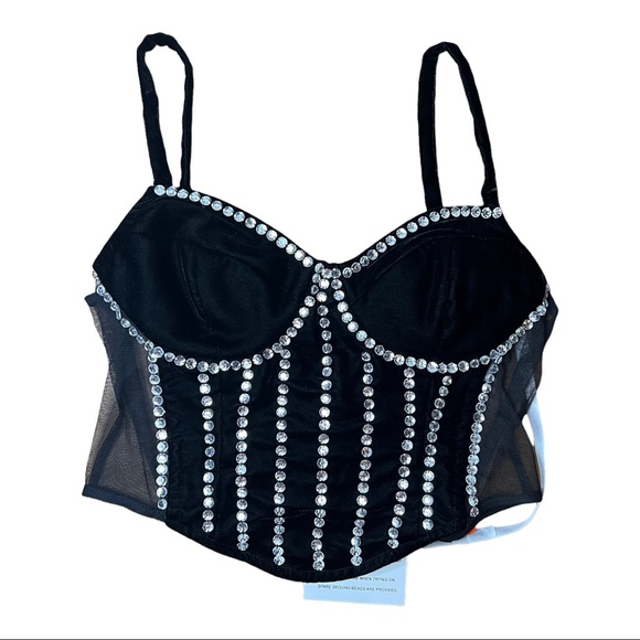 NEW Starlet ASOS Black Crushed Velvet Embellished Zip Back Corset Top 8 - Picture 2 of 10